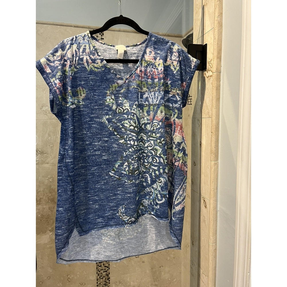 Chico's Blue Ikat Crochet Tunic Top Raw Hi-Lo Hem T-Shirt Art Boho Size 1 M